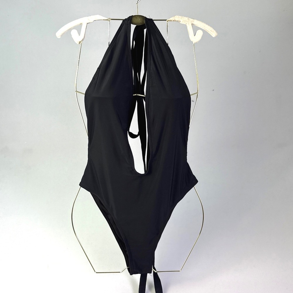 Black Deep V Neck Halter One Piece Swimsuit High Cut Leg Bodysuit Large